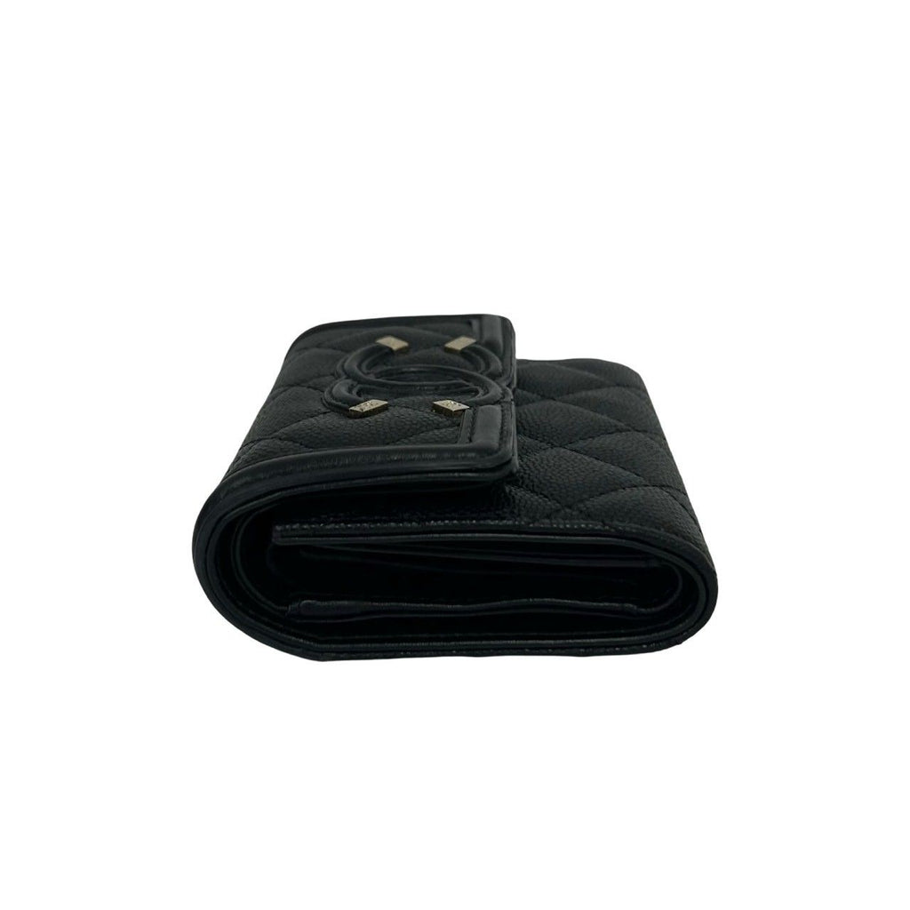 Chanel Box Card with CC Filigree CC Logo Caviar Leather Trifold Wallet Black — view 4
