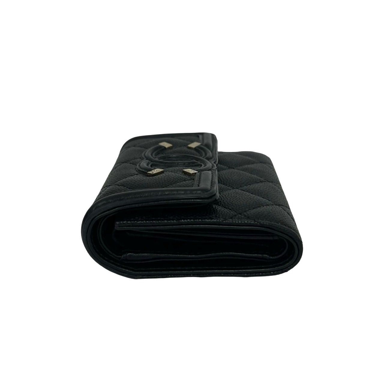 Chanel Box Card with CC Filigree CC Logo Caviar Leather Trifold Wallet Black — view 4