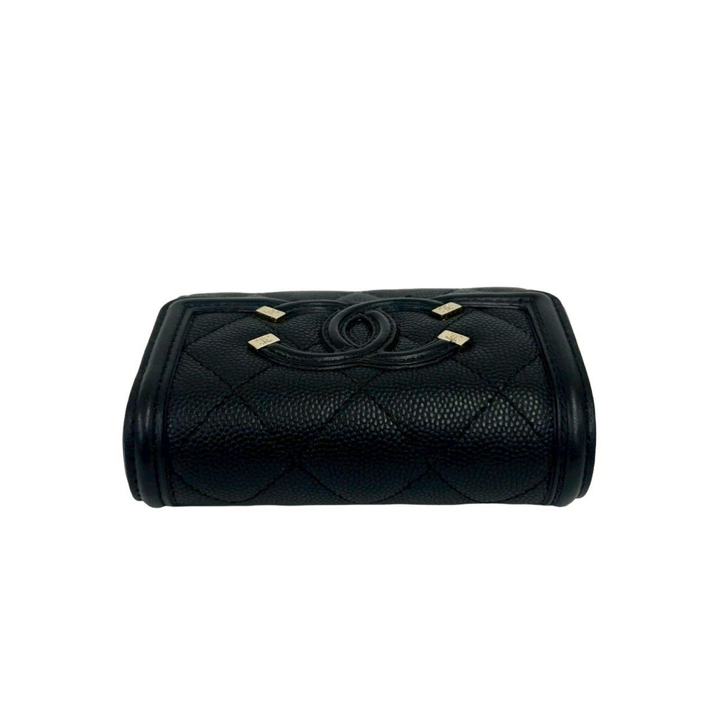 Chanel Box Card with CC Filigree CC Logo Caviar Leather Trifold Wallet Black — view 3