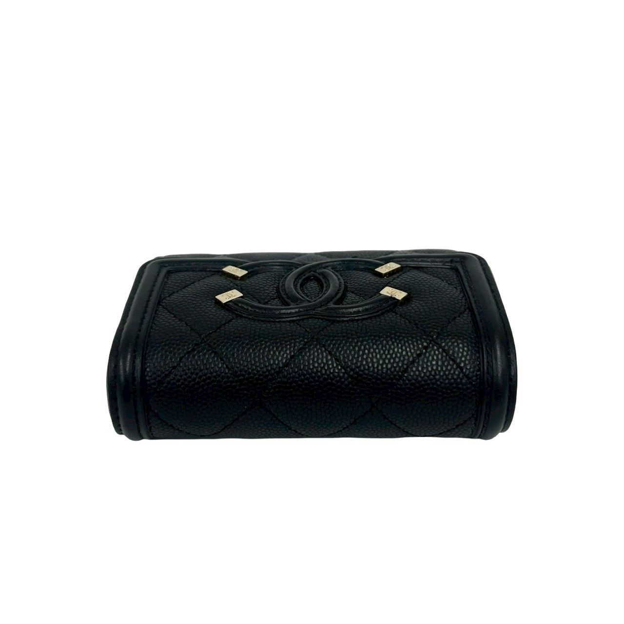 Chanel Box Card with CC Filigree CC Logo Caviar Leather Trifold Wallet Black — view 3