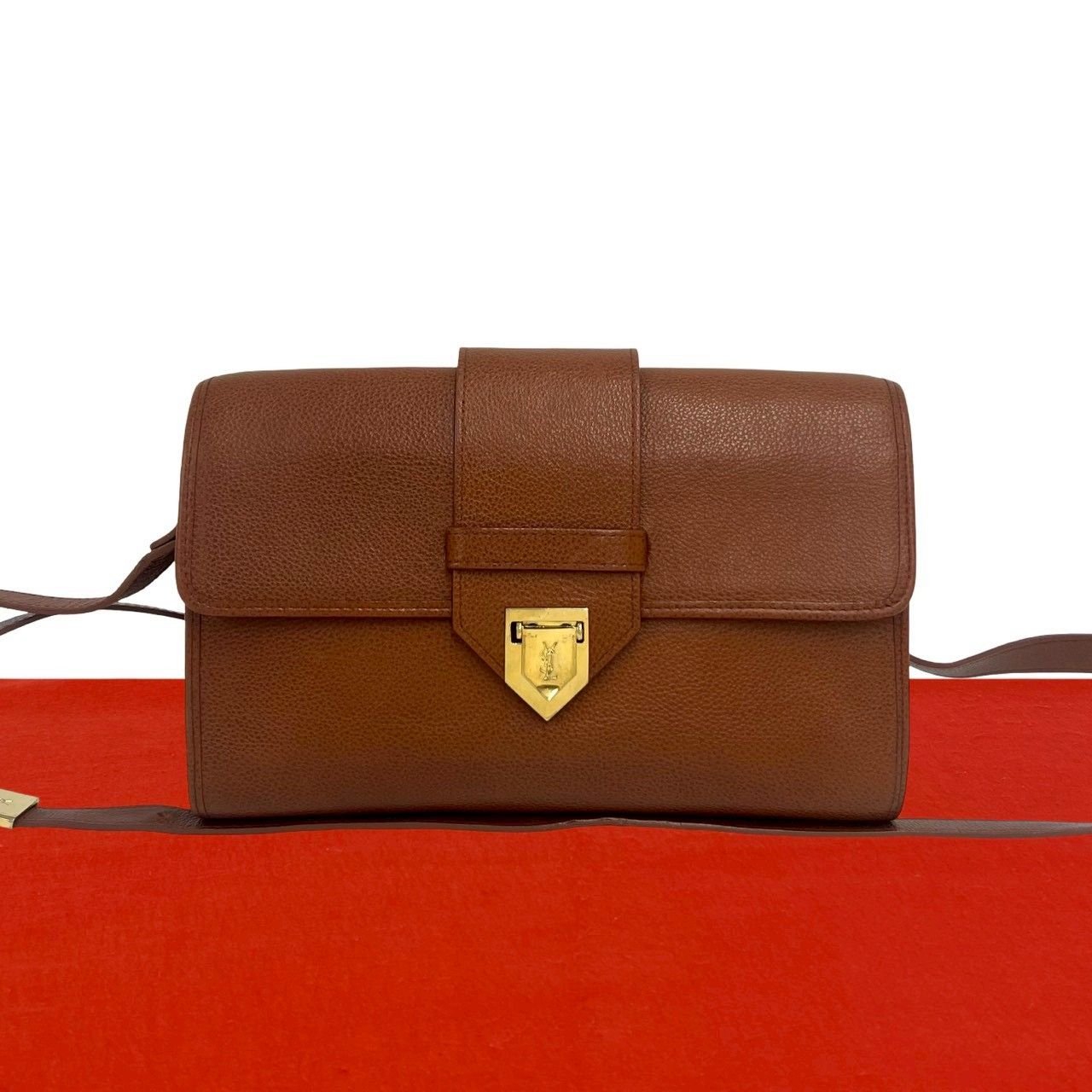 Saint Laurent Vintage YSL Logo Leather Shoulder Bag Pochette Brown