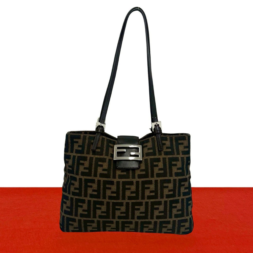 Fendi Vintage Zucca FF Pattern Canvas Leather Shoulder Bag Tote Brown Black