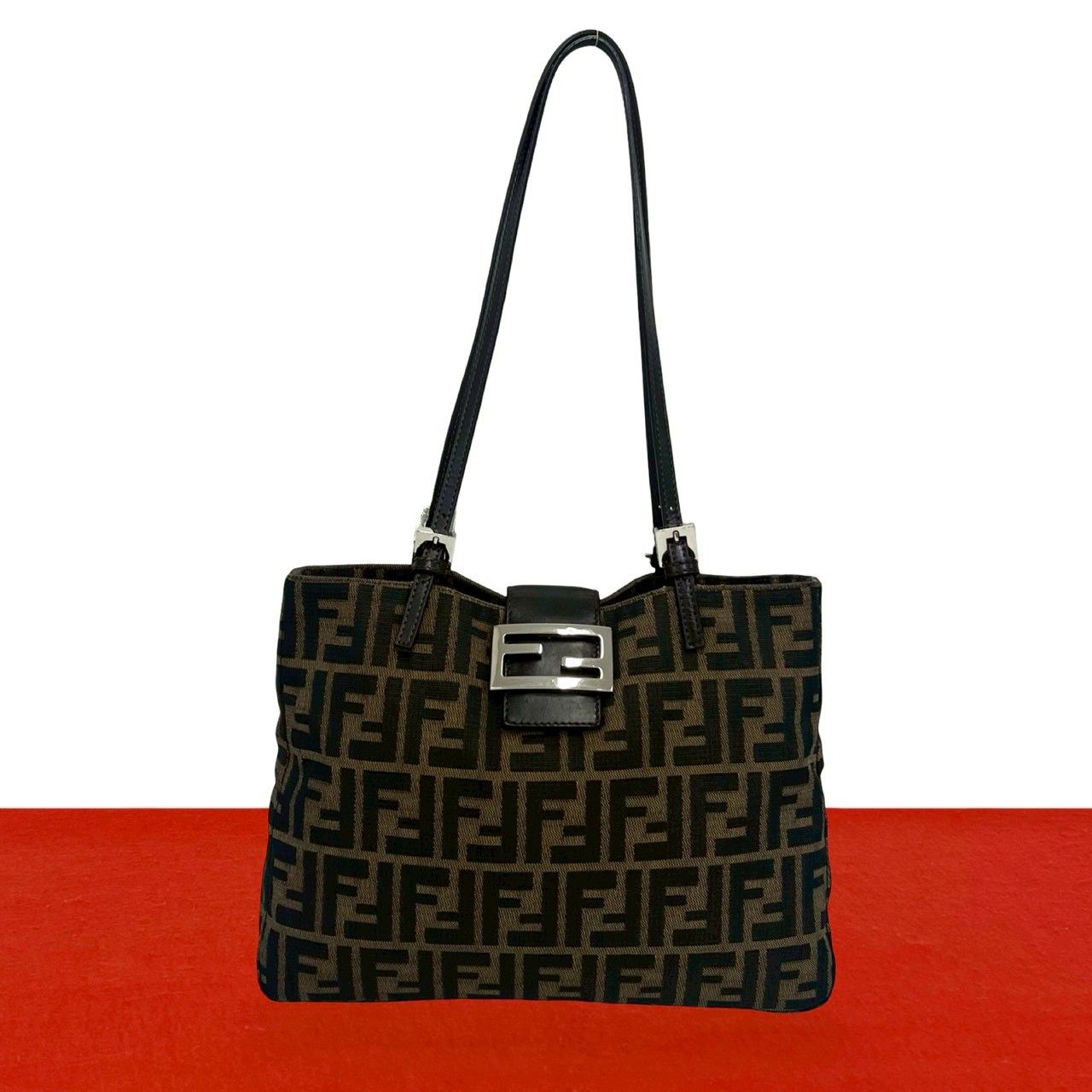 Fendi Vintage Zucca FF Pattern Canvas Leather Shoulder Bag Tote Brown Black