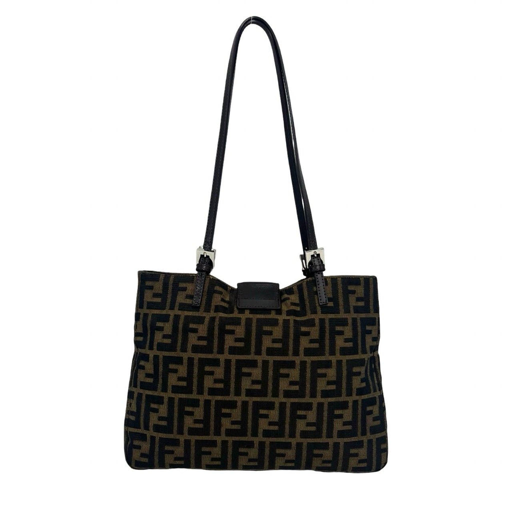 Fendi Vintage Zucca FF Pattern Canvas Leather Shoulder Bag Tote Brown Black — view 3