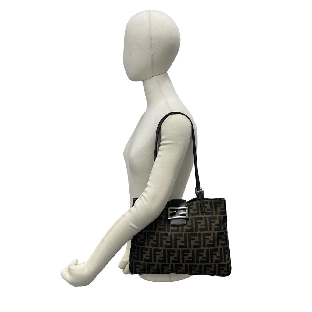 Fendi Vintage Zucca FF Pattern Canvas Leather Shoulder Bag Tote Brown Black — view 2