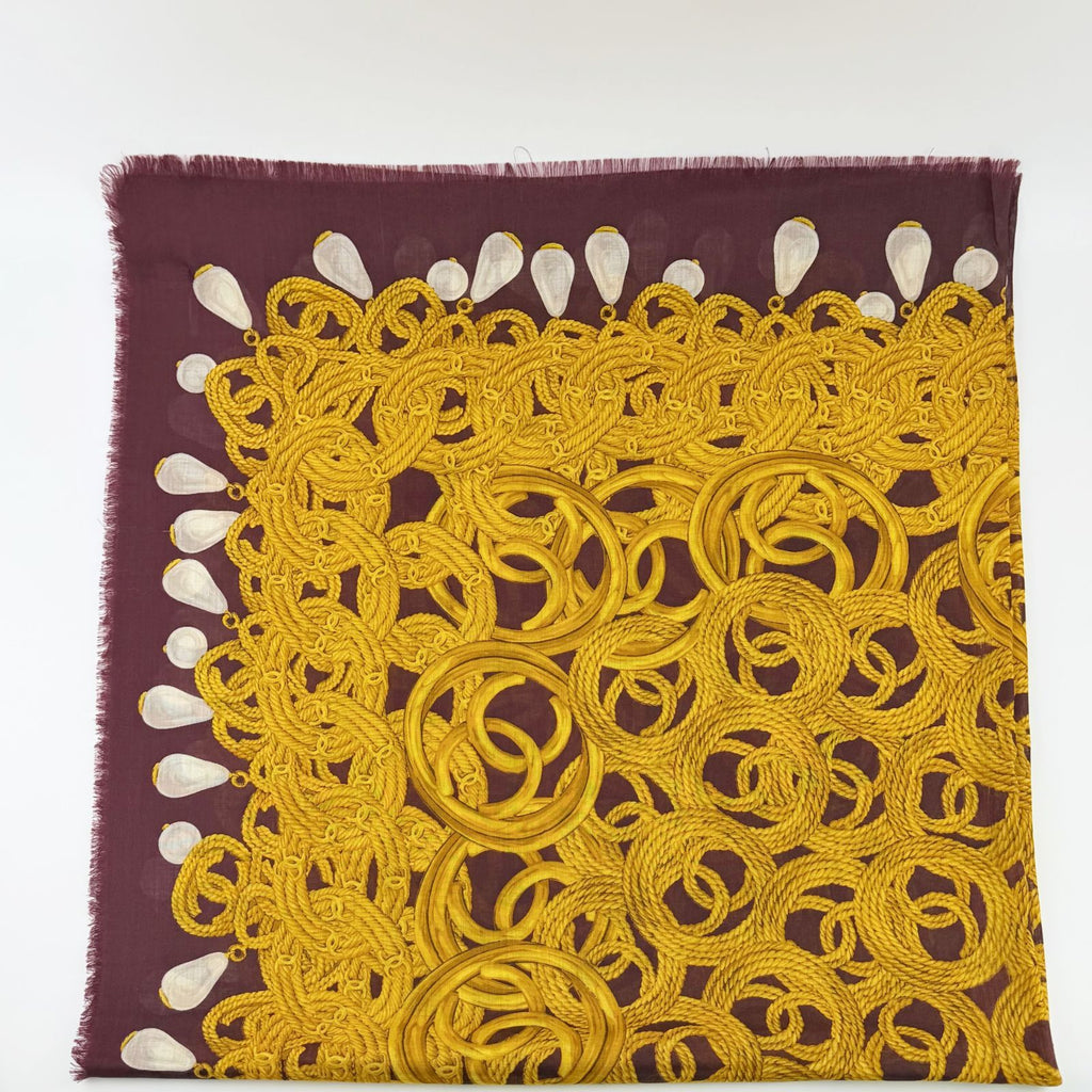 Chanel CC Logo Rope Chain Pattern Large Shawl Silk 52% Cashmere 48% Bordeaux — view 2