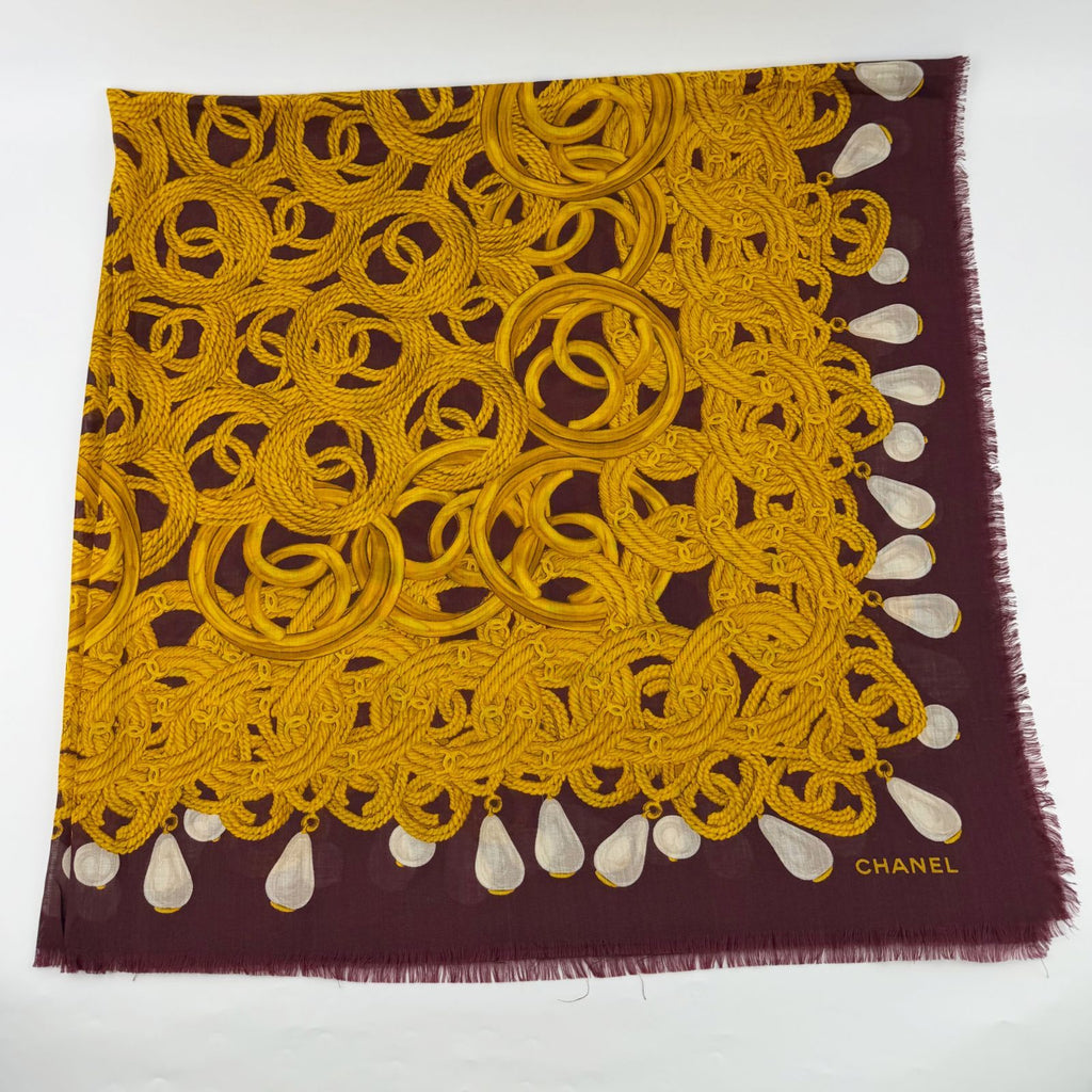 Chanel CC Logo Rope Chain Pattern Large Shawl Silk 52% Cashmere 48% Bordeaux — view 5