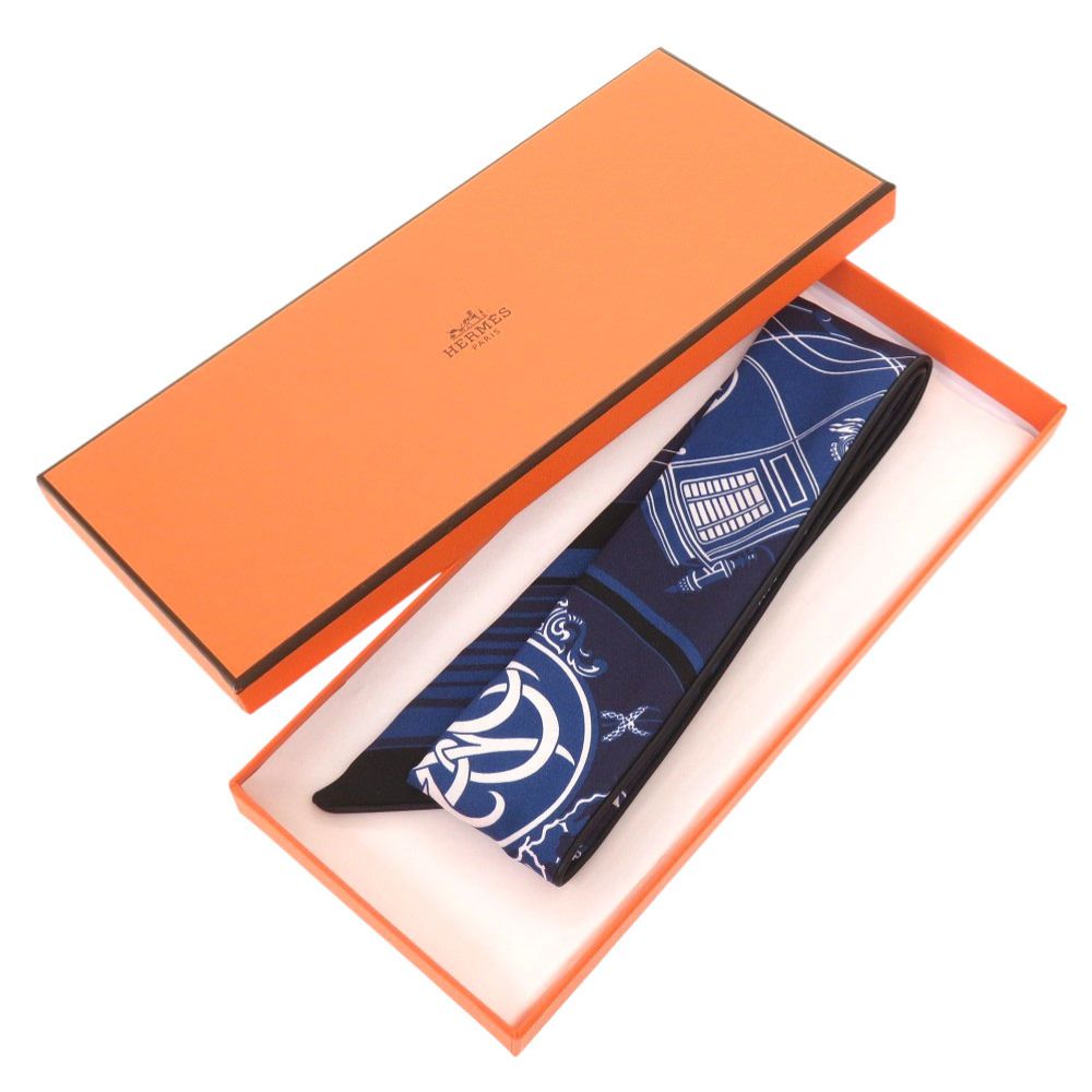 Hermes Twill Ex Libris Marine Black White Silk Scarf — view 2