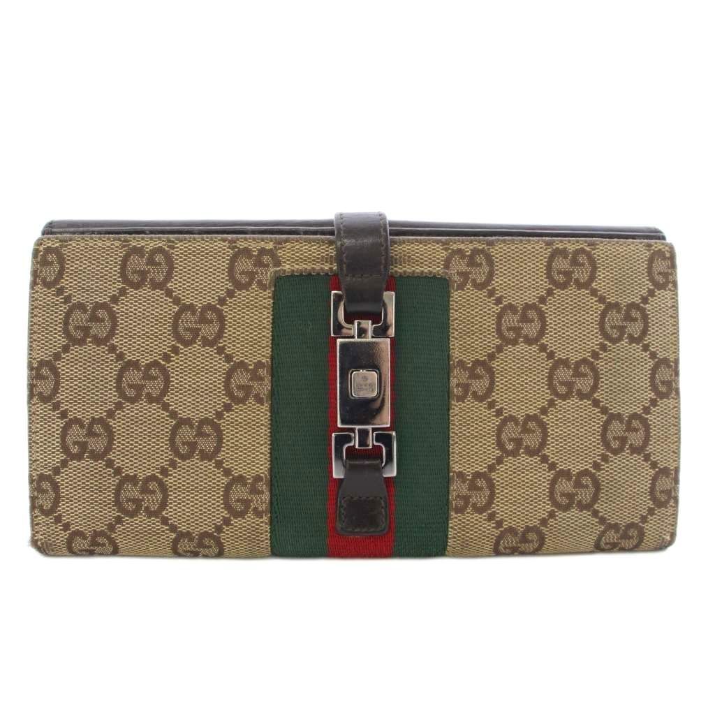 Gucci Jackie Wallet Bifold Canvas Leather Black Beige TK