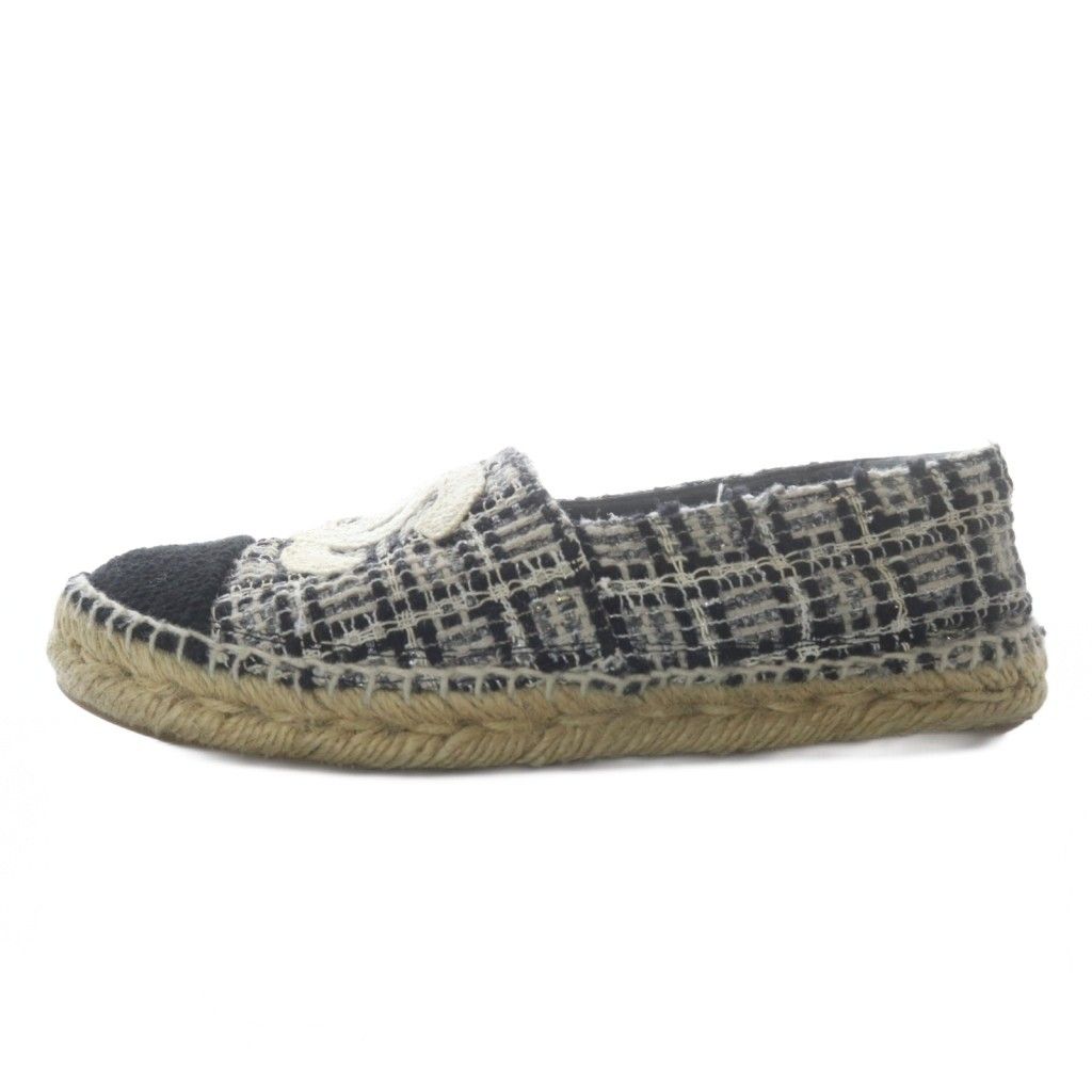 Chanel Slip Ons Tweed CC Logo Espadrilles 36 Gray Black White Slipper — view 2
