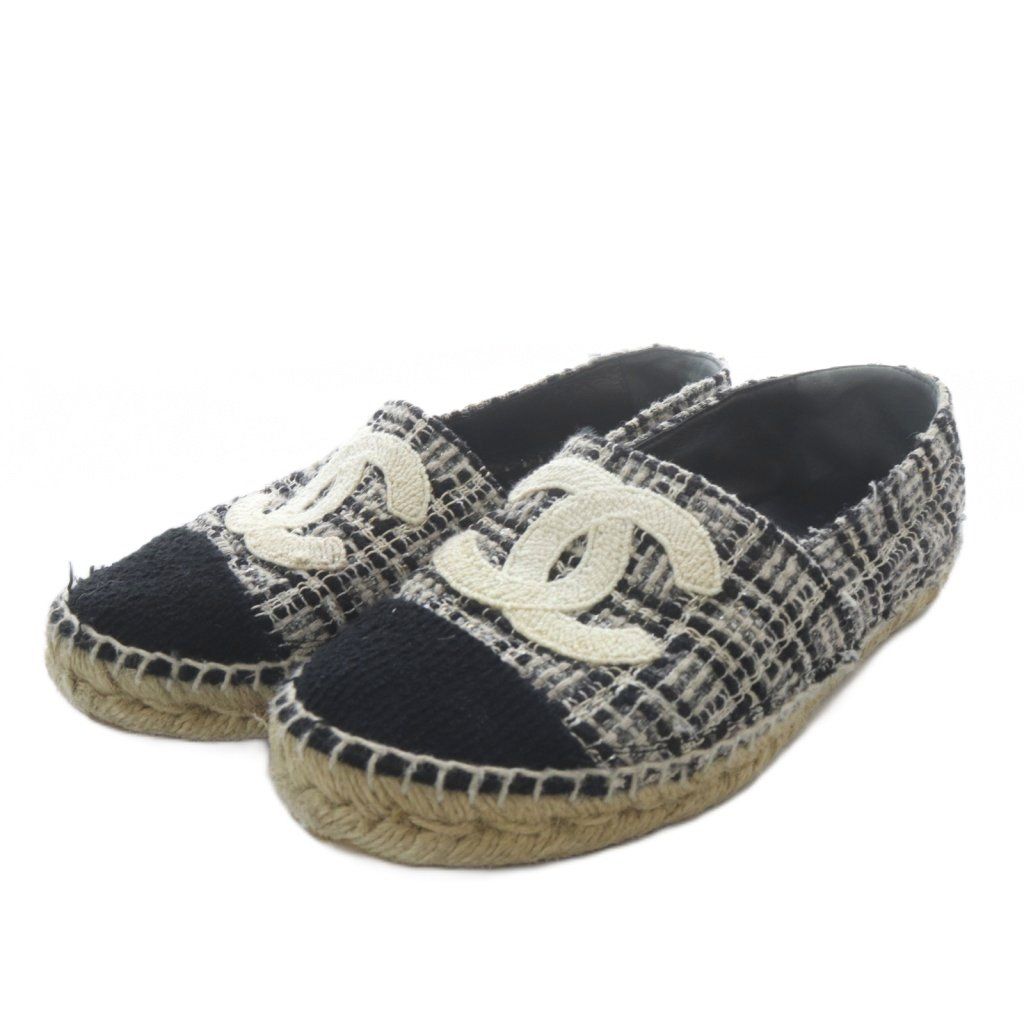 Chanel Slip Ons Tweed CC Logo Espadrilles 36 Gray Black White Slipper