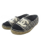 Chanel Slip Ons Tweed CC Logo Espadrilles 36 Gray Black White Slipper
