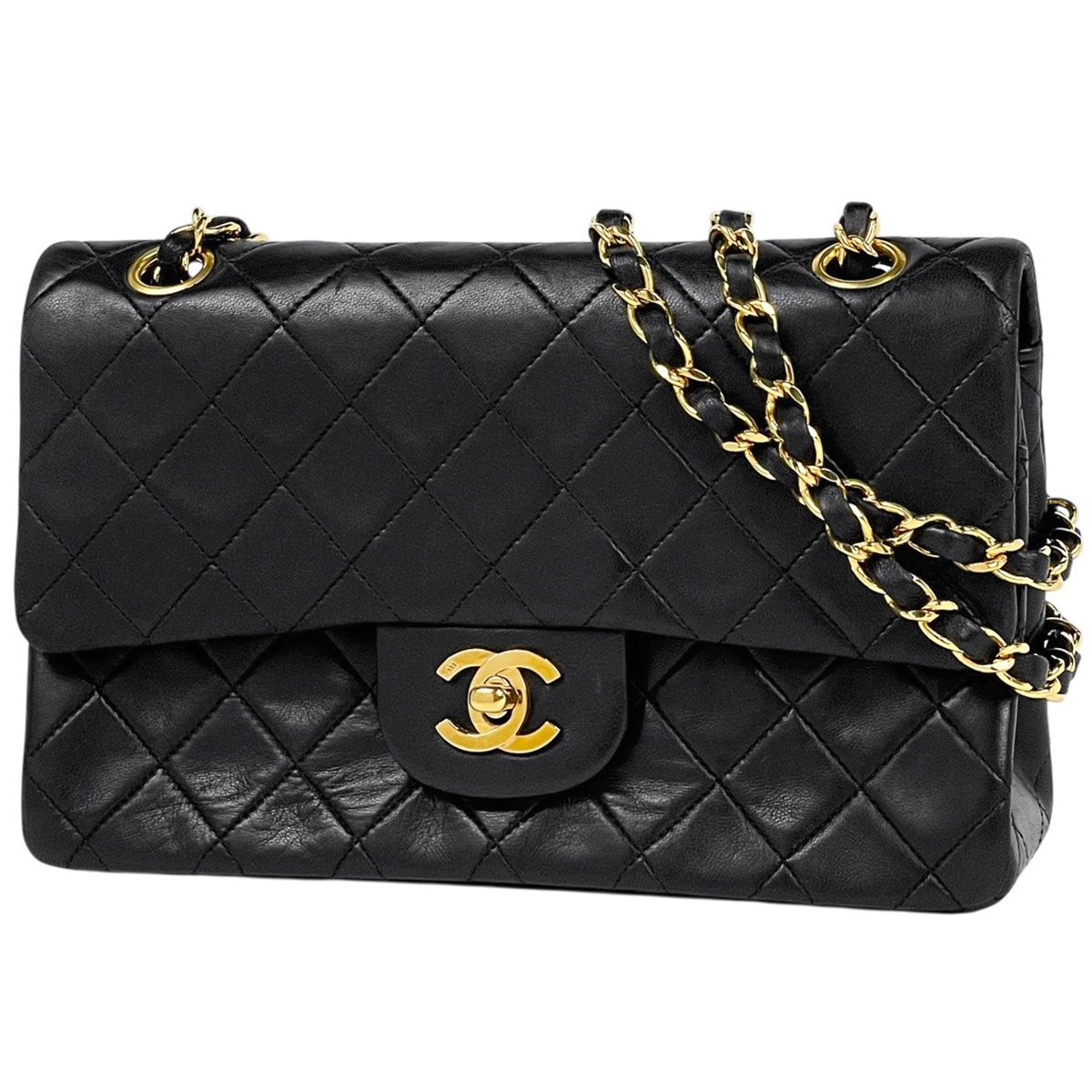 Chanel Quilted Double Flap Chain Shoulder Bag CC Logo Leather Black