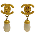 Chanel CC Logo Faux Pearl Earrings Swing Turnlock Gold Plated