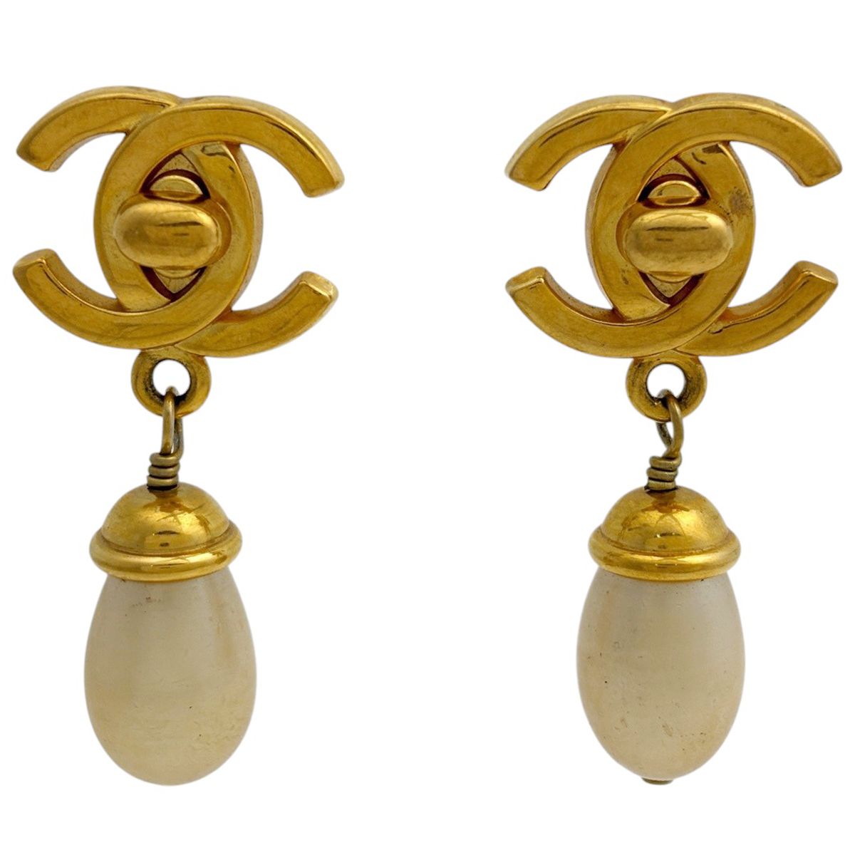 Chanel CC Logo Faux Pearl Earrings Swing Turnlock Gold Plated