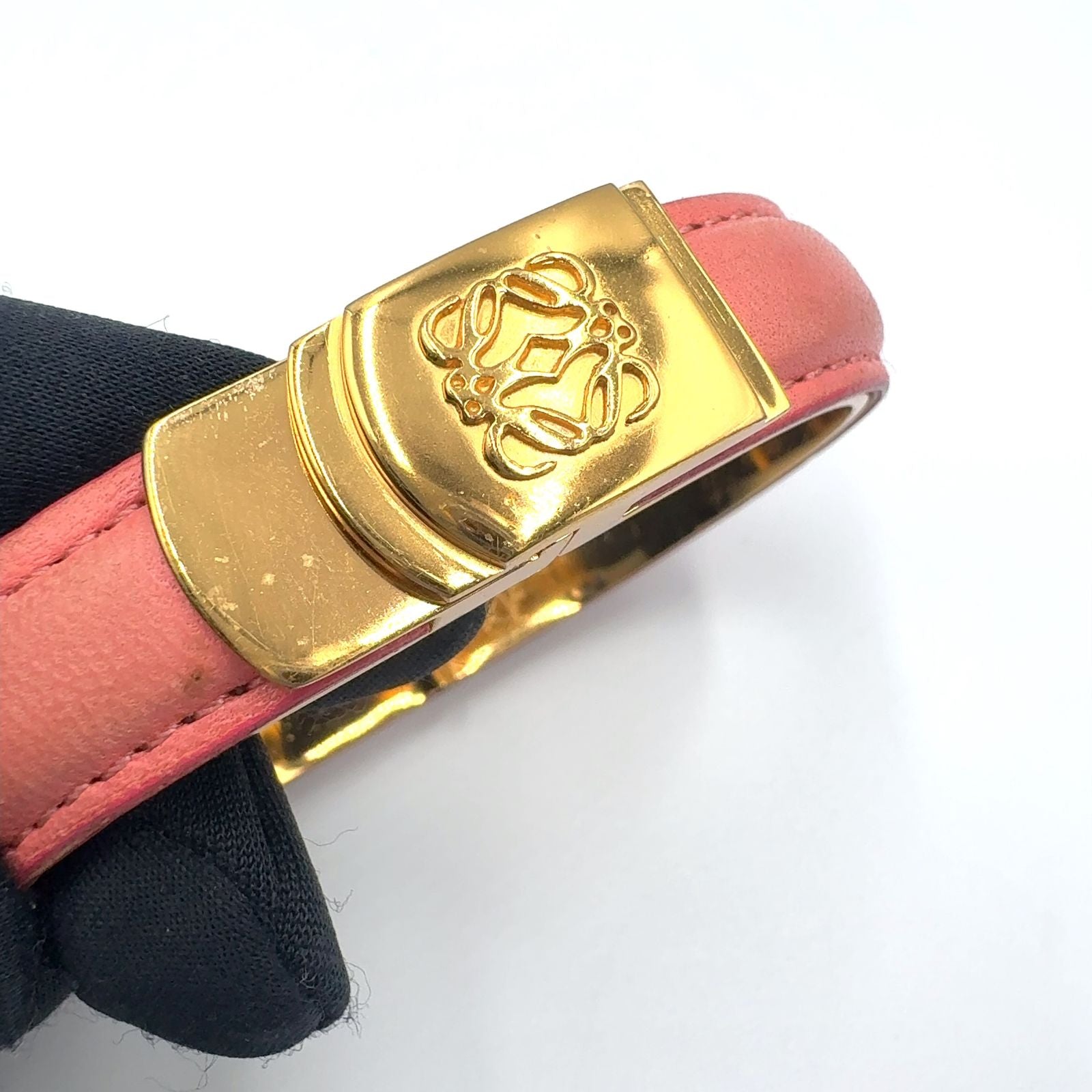Loewe Anagram Logo Leather Gold Plated Pink Bangle Bracelet — view 9