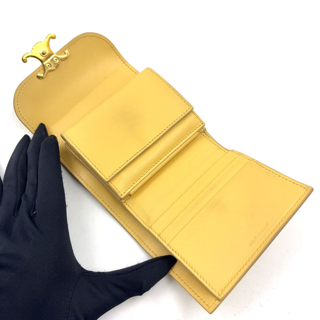 Celine Small Flap Triomphe Leather Light Yellow Trifold Wallet Gold — view 3