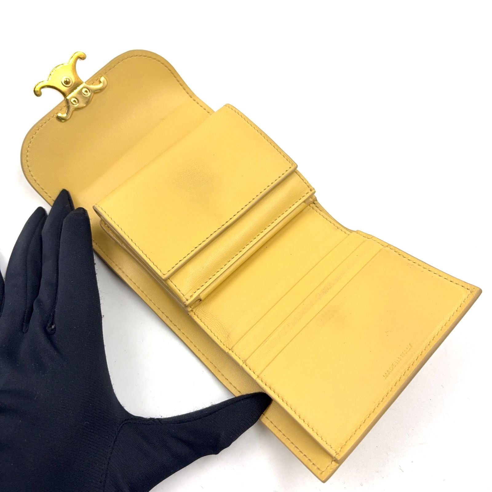 Celine Small Flap Triomphe Leather Light Yellow Trifold Wallet Gold — view 3