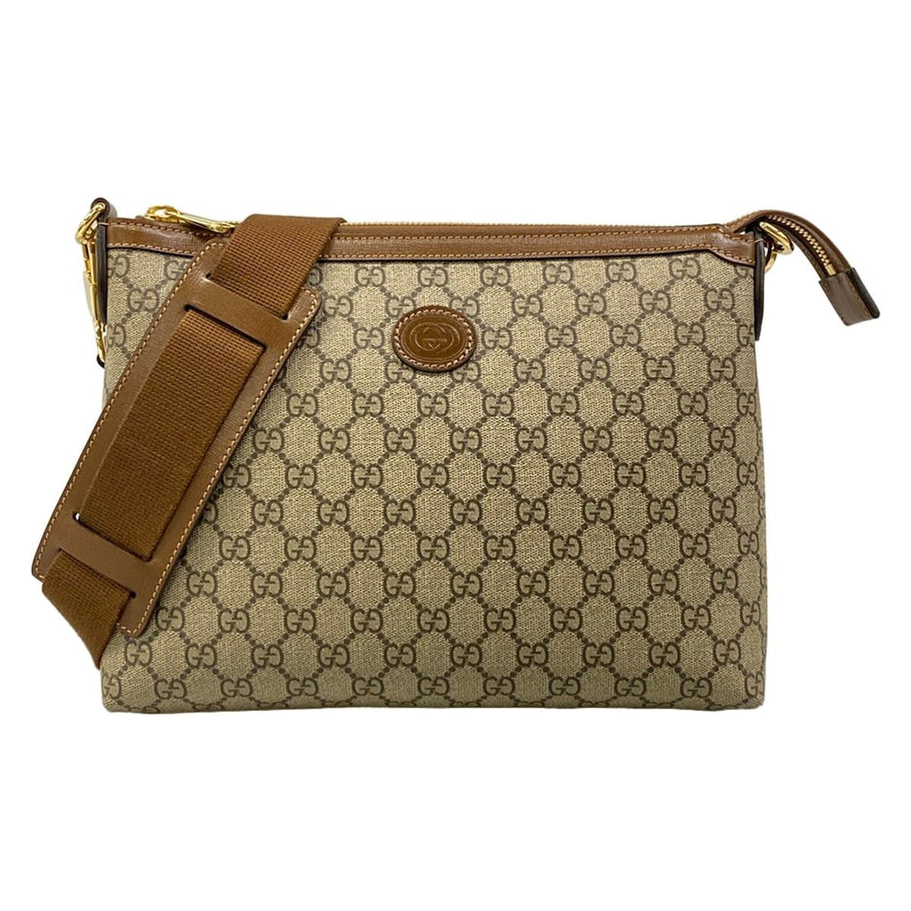 Gucci Shoulder Bag GG Supreme Interlocking Beige Dark Brown Leather