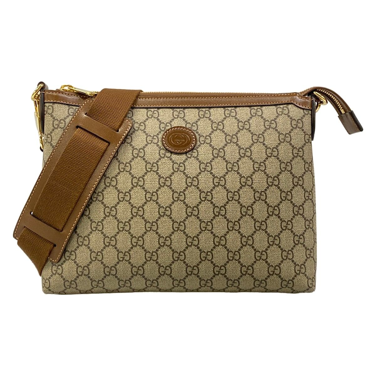 Gucci Shoulder Bag GG Supreme Interlocking Beige Dark Brown Leather