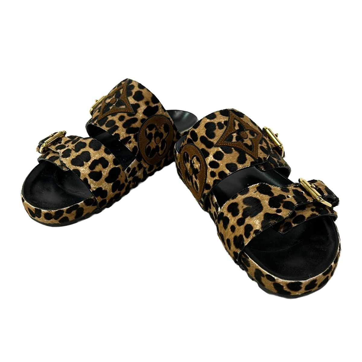Louis Vuitton Mules 35 Bondia Line Beige Black Leopard Print — view 2