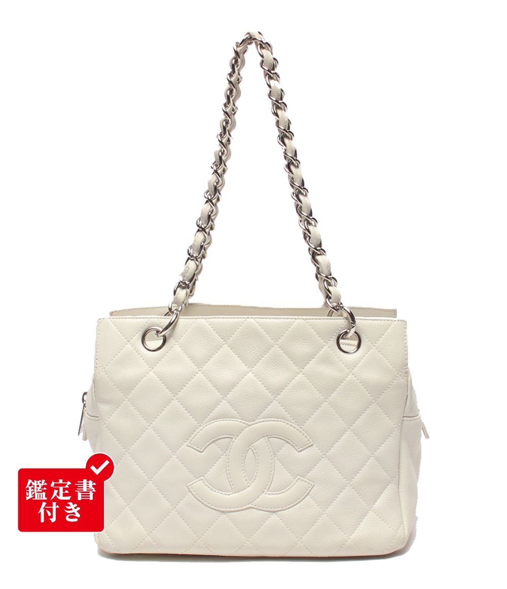 Chanel Chain Tote Shoulder Bag Silver Quilted CC Logo Caviar Leather