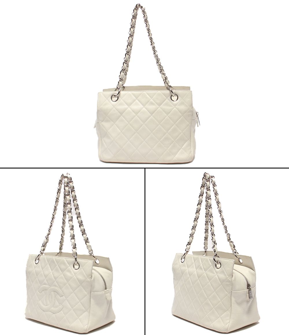 Chanel Chain Tote Shoulder Bag Silver Quilted CC Logo Caviar Leather — view 2