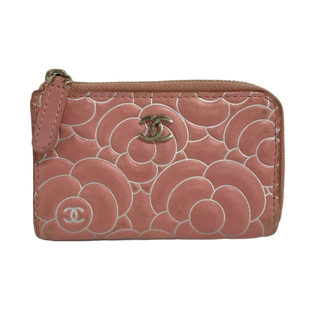 Chanel Coin Case Camellia Pink White Silver L-shaped Zipper Lambskin with