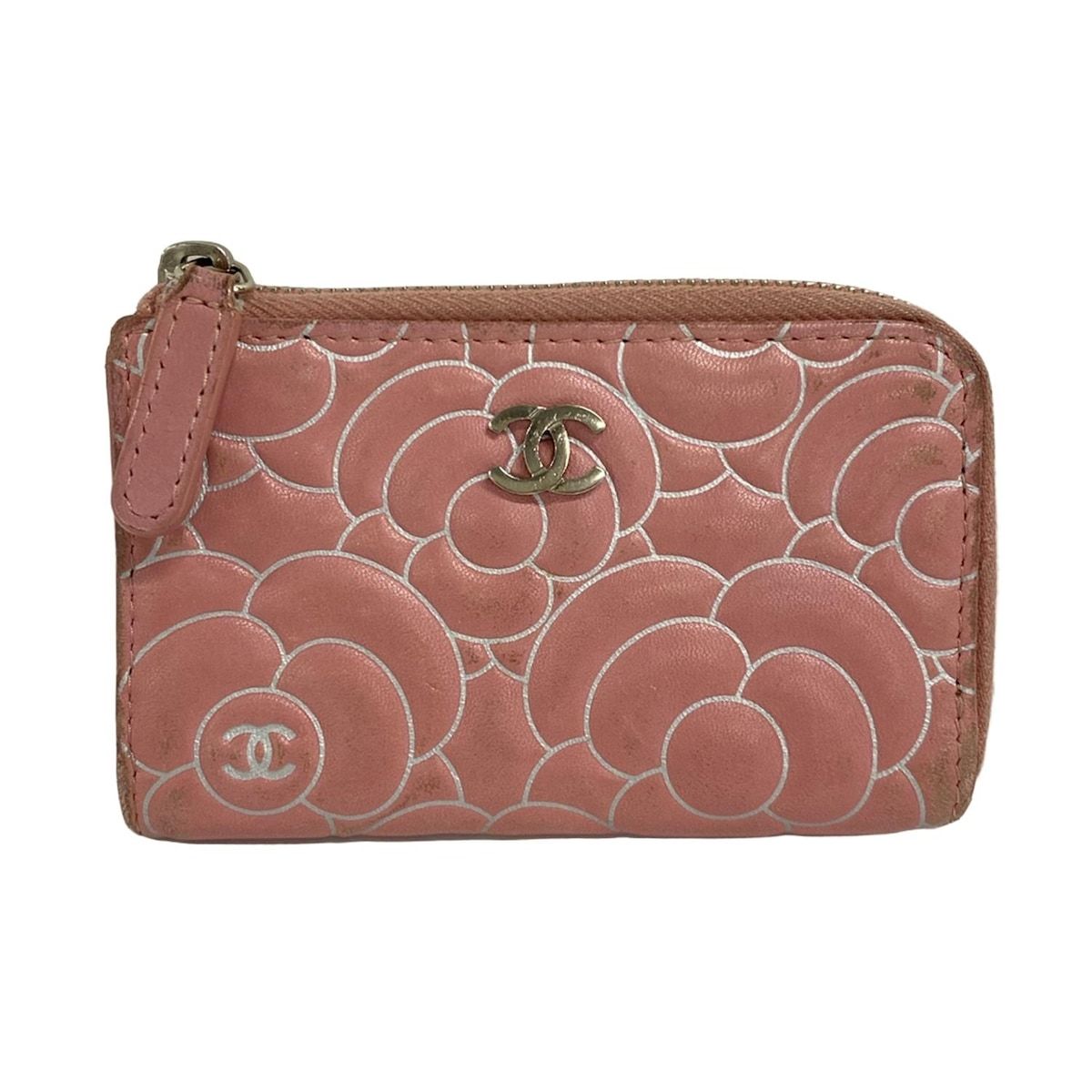 Chanel Coin Case Camellia Pink White Silver L-shaped Zipper Lambskin with