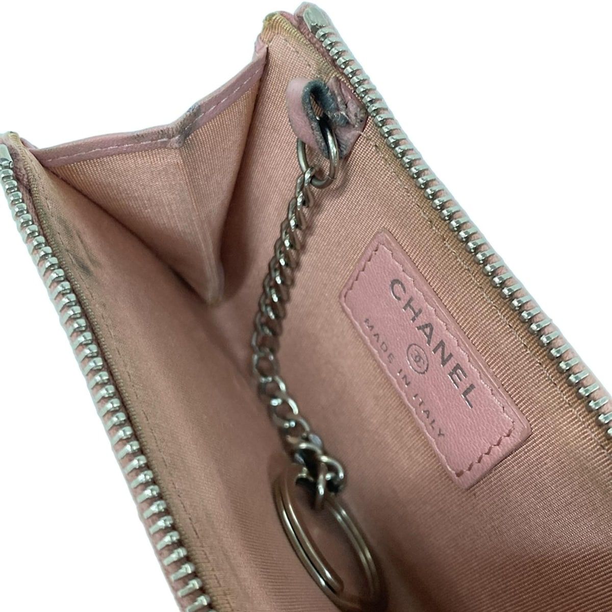 Chanel Coin Case Camellia Pink White Silver L-shaped Zipper Lambskin with — view 4