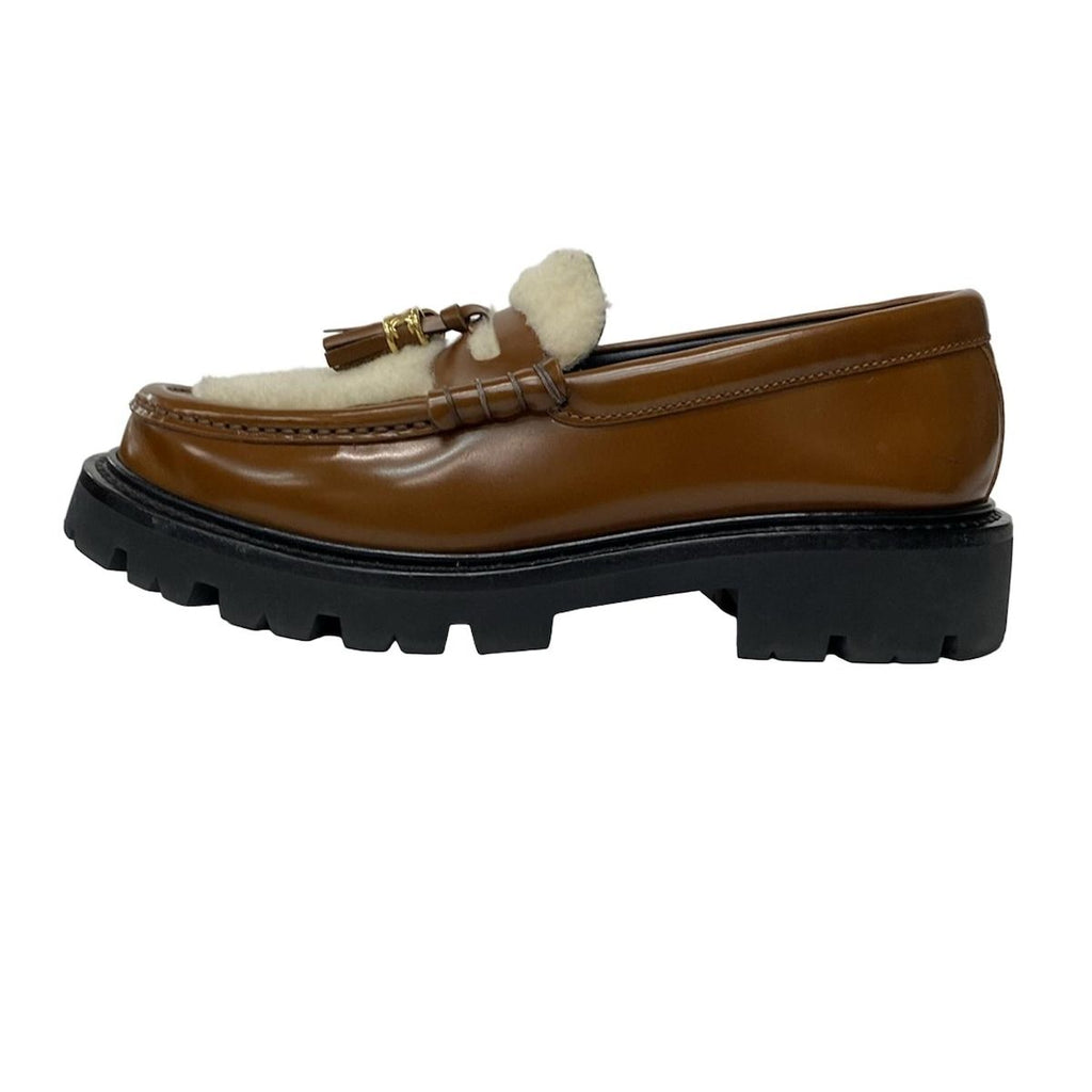 Celine Loafers 35 Margaret Brown White Tassel Triomphe Fleece Leather