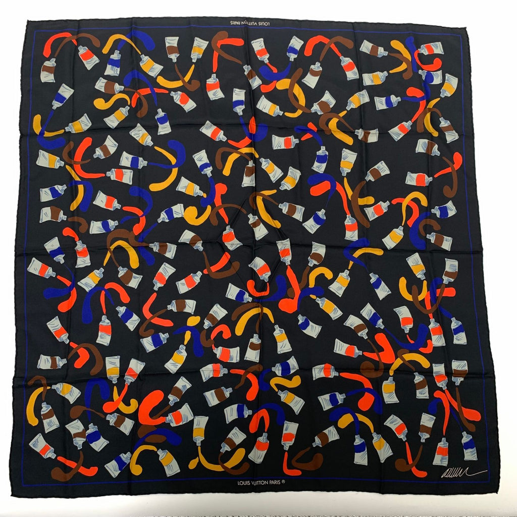 Louis Vuitton Silk Scarf Paint Pattern Black Multicolor