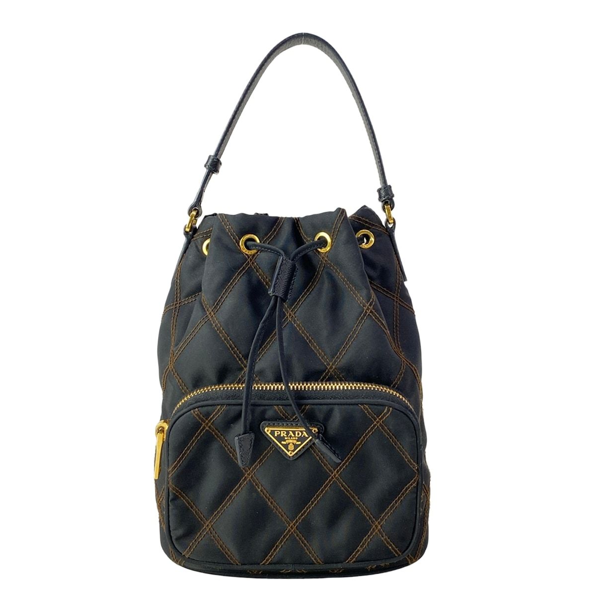 Prada Handbag Duet Black Brown Quilted Drawstring Leather