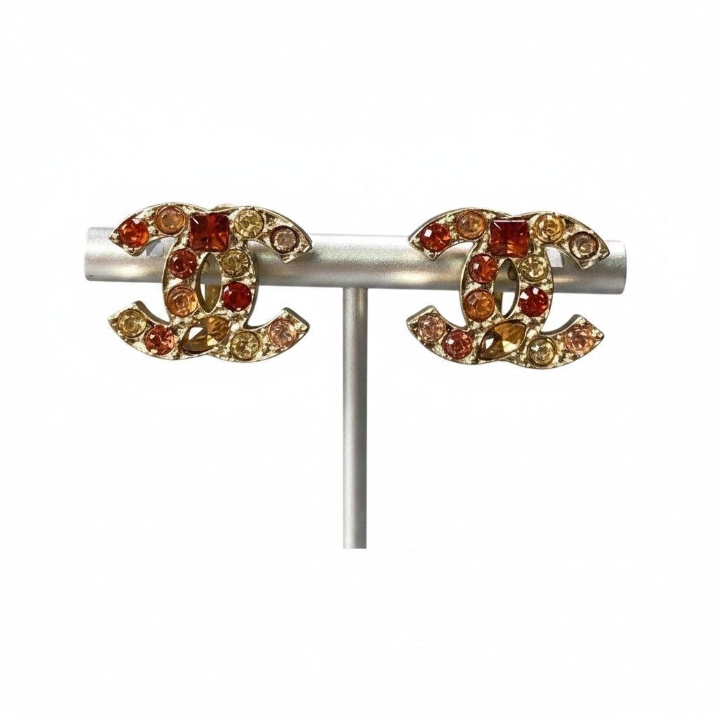 Chanel Gold Rhinestone CC Logo Earrings