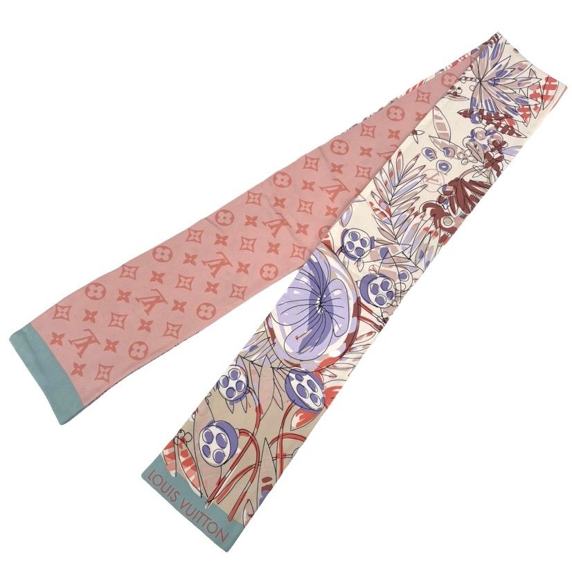 Louis Vuitton Monogram Floral Reversible Scarf Twilly Bandeau White Pink