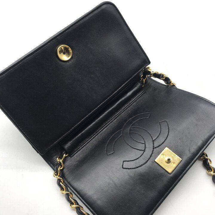 Chanel CC Logo Mini Quilted Lambskin Chain Shoulder Bag Push Lock Black — view 9