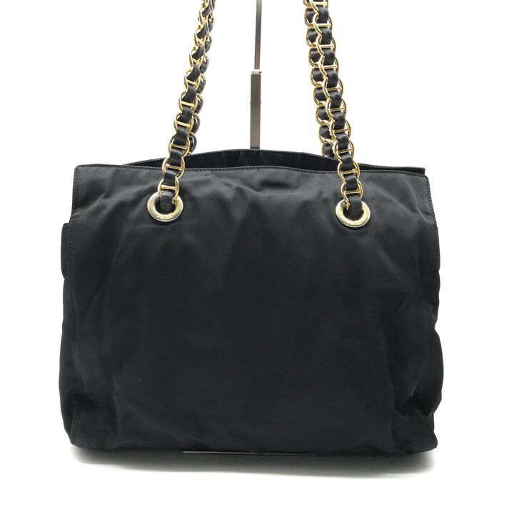 Prada Triangle Logo Nylon Tessuto Chain Shoulder Tote Black Purse — view 3