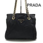 Prada Triangle Logo Nylon Tessuto Chain Shoulder Tote Black Purse