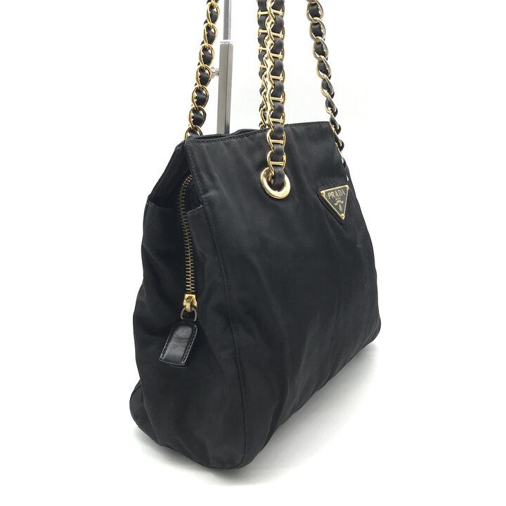 Prada Triangle Logo Nylon Tessuto Chain Shoulder Tote Black Purse — view 2