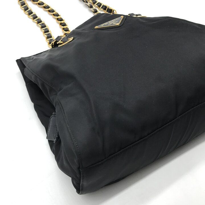 Prada Triangle Logo Nylon Tessuto Chain Shoulder Tote Black Purse — view 6