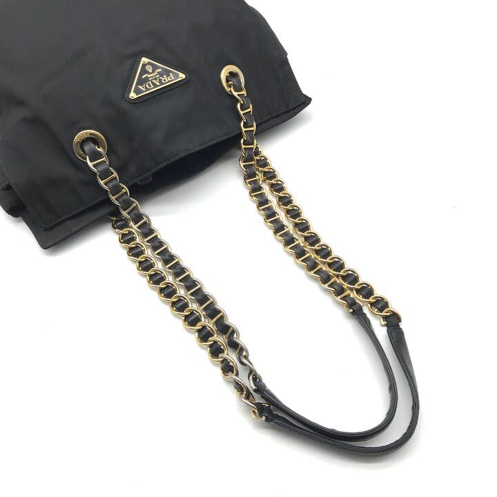 Prada Triangle Logo Nylon Tessuto Chain Shoulder Tote Black Purse — view 7
