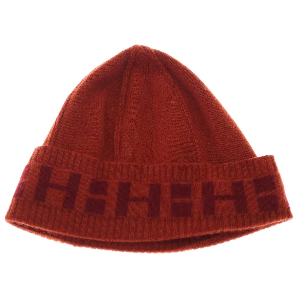 Hermes Logo Cashmere Knit Hat Beanie Orange