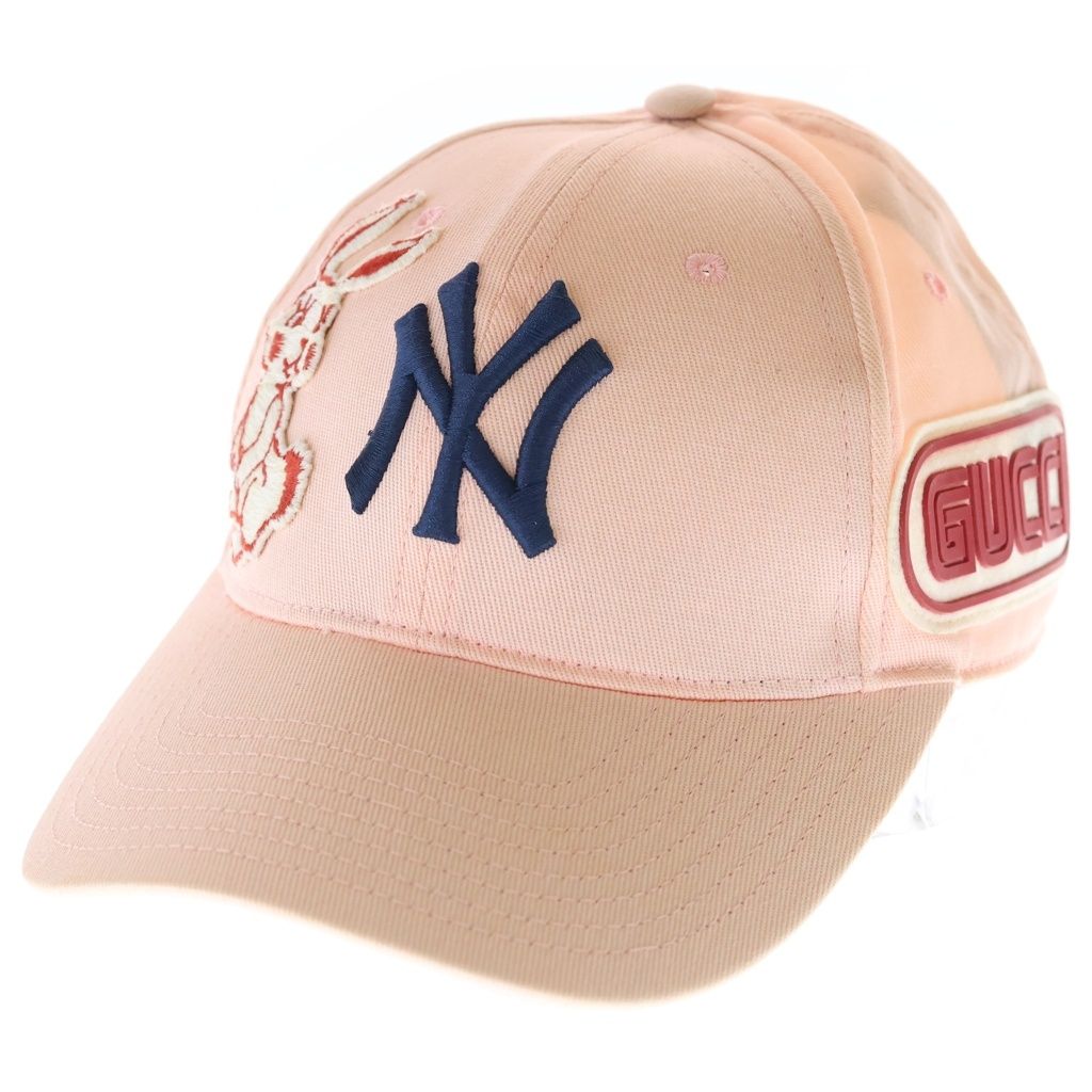 Gucci NY Baseball Cap Pink Cotton Yankees Applique Embroidery Rabbit