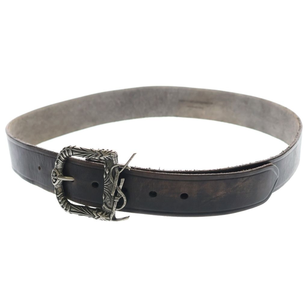 Saint Laurent Paris YSL Logo Western Buckle Leather Belt Silver Brown