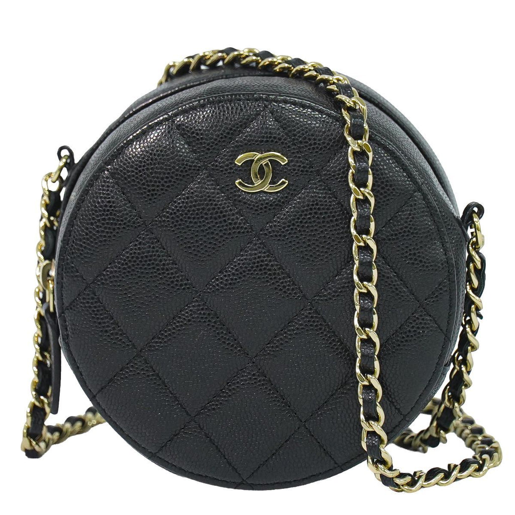 Chanel CC Logo Quilted Chain Shoulder Bag Pochette Caviar Leather Black