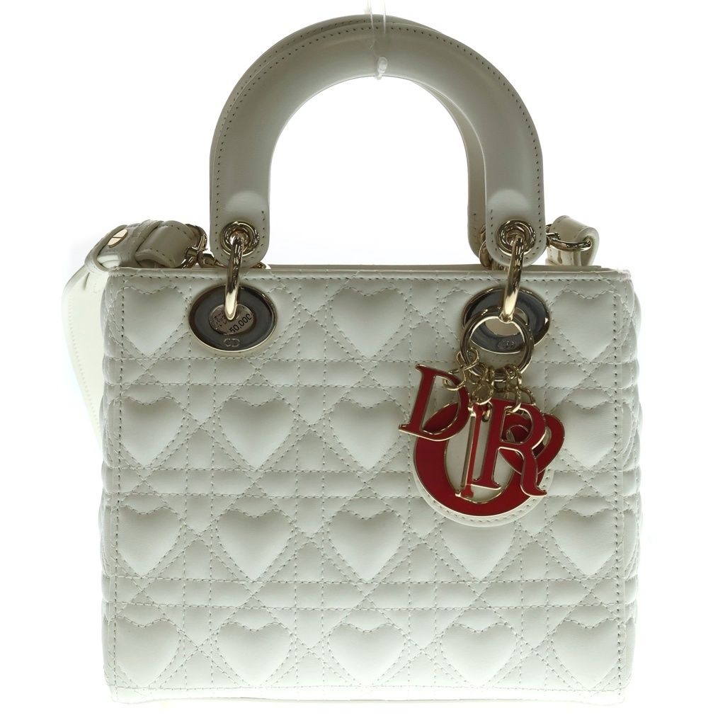 Dior My Lady Small Cannage Heart 2-Way Shoulder Bag White Leather Gold