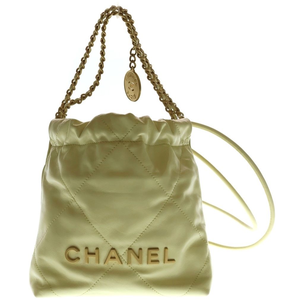 Chanel 22 Mini Bag Drawstring Light Yellow Calf Leather Gold