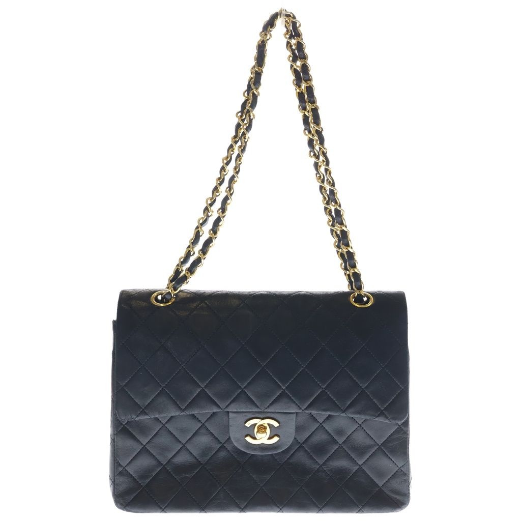 Chanel Quilted 25 Lambskin Turnlock Gold Double Flap Chain Shoulder Bag Black