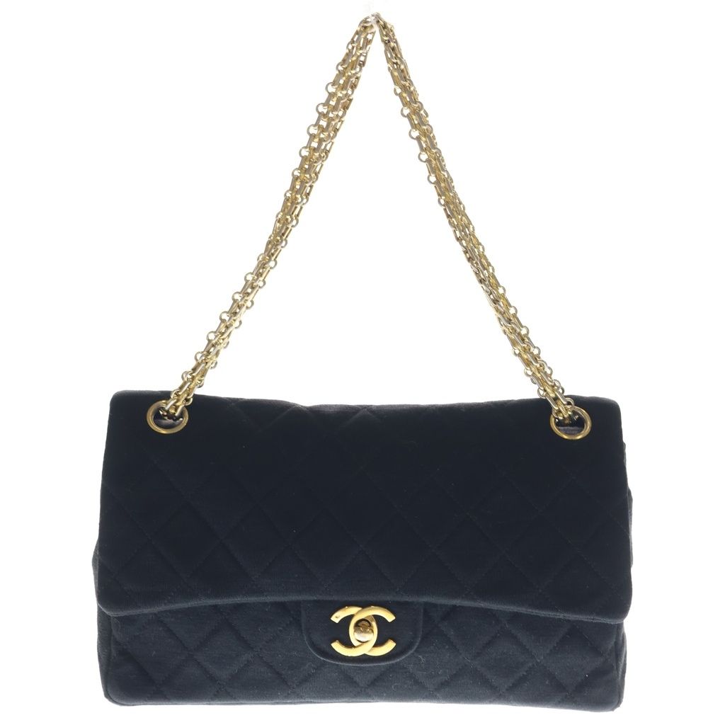 Chanel Quilted 23 Double Flap Chain Shoulder Bag Black Cotton Gold