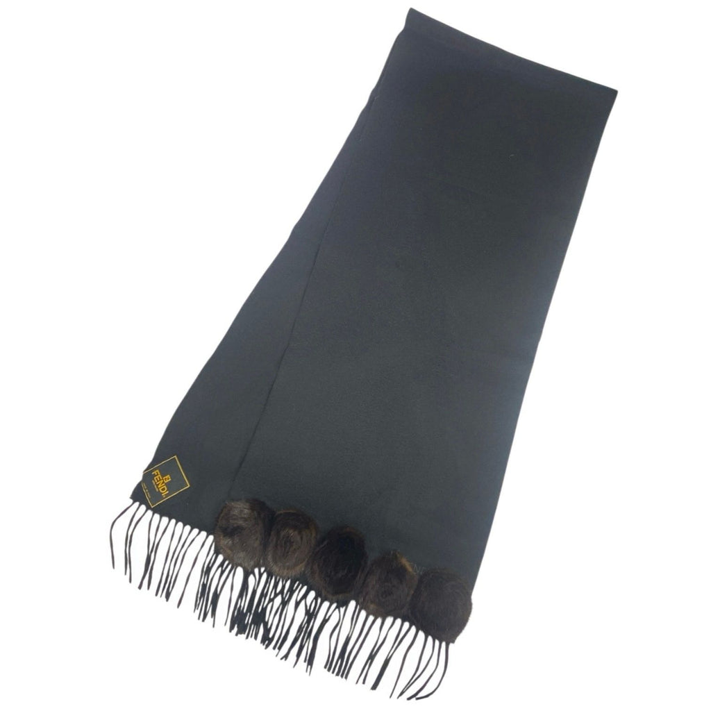 Fendi Scarf Large Shawl Cashmere Silk Fur Embroidery Logo Fringe Black — view 2